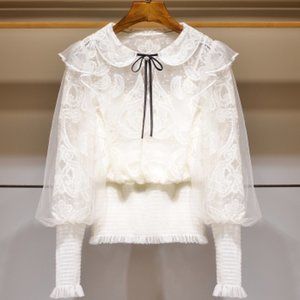 Doll collar lace shirt with hollowed-out embroider